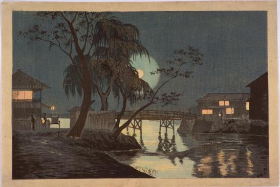 Vista nocturna de Imadobashi - Kobayashi Kiyochika